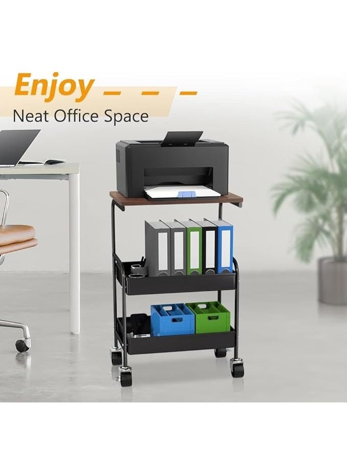 Rolling Cart with Wooden Tabletop, 3 Tier Metal Utility Cart, Rolling Storage Organizer Cart with Lockable Wheels for Kitchen, Office, Bedroom - Black - Image 3